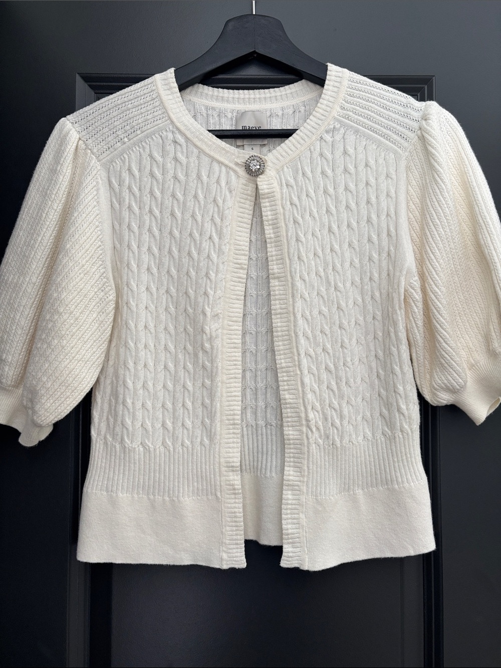 Maeve Ivory Cable-Knit Short Sleeve Cardigan with Jewel Button